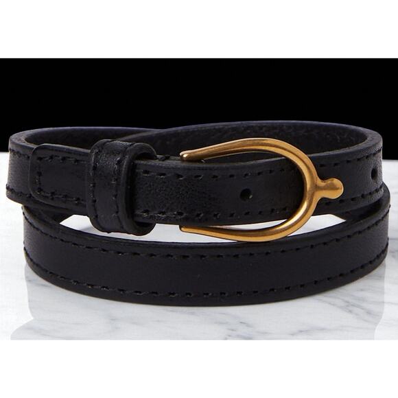 NWT Saint Laurent YSL Horseshoe Gold Buckle Black Leather Bracelet Size L $595 - Picture 1 of 8
